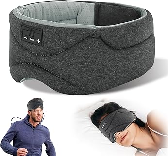 Mucek Masque de Sommeil Gris avec Écouteurs Bluetooth et Fonction Minuterie, en Soie Maille Respirante et Confort Froid, Idéal pour Voyager et Méditer