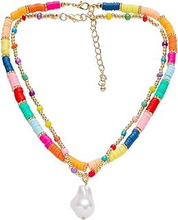 Boho Colorful Soft Polymer Clay Beaded Necklace for Women,Charm Rice Beaded Pearl Necklace Beach Jewelry