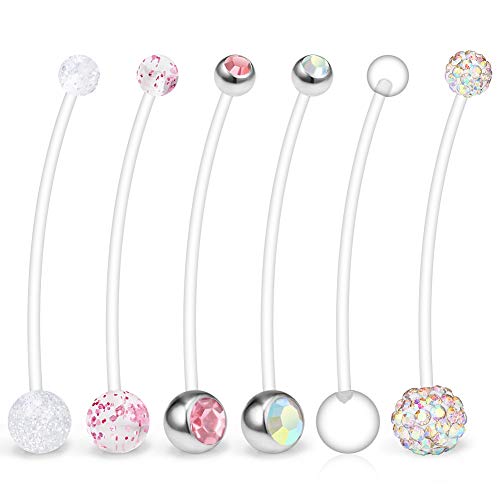 Ruifan 6PCS Mix Style Pregnancy Sport Maternity Flexible Bioplast Belly Navel Button Ring Retainer 14G 1 1/2Inch (38mm) - New Pink