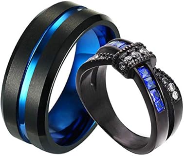 ringheart Two Rings Couple Rings White and Blue Plated Titanium Steel 8mm Mens Wedding Band Blue Cz Womens Wedding Ring