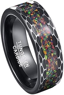 8mm Black Tungsten Rings for Men Crushed Fire Opal Inlay Brushed Multifaceted Finish Wedding Band Comfort Fit Size 7-12