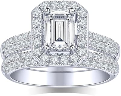 KSTYLE 1.99-3.30 Carat Moissanite Engagement Rings Set Wedding Rings for Women (D Color-VVS1 | Emerald Cut) S925 Sterling Silver Rings, 18K White Gold Plated Wedding Band Moissanite Bridal Sets
