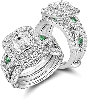 DovEggs 4.3ct Total 6x8mm GHI Color Emerald Cut Moissanite Antqiue Double Halo Engagement Ring Zambia Emerald Sapphire Curved Enhancer Guard Band Bridal Set 14k Gold QUALITY Silver Engagement