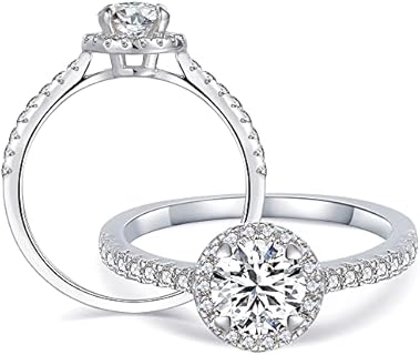 Moissanite Engagement Ring 1ct Center Solitare Diamond Halo Wedding Band Rings 6.5mm D Color VVS1 Moissanite Ring Sterling Silver Anniversary Promise Ring for Her