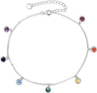 AXELUNA 7 Chakra Sterling Silver Anklet with Link Chain and Lobster Claw Clasp, Blue Zircon Gem, Ideal Gift for Women and Girlfriend, Spiritual Round Design