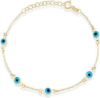 Gelin 14k Yellow Gold Evil Eye Bead Bracelet with Bead Chain and Lobster Claw Clasp for Women