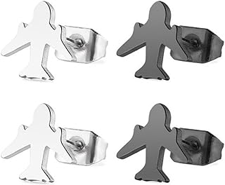 MALOYANVE 2 Pairs Tiny Airplane Stud Earrings for Men Women Personalized Small Simple Style Stainless Steel Silver Black Dainty Earrings for Girls Hypoallergenic Aircraft Earring Flight Attendant Best Gifts