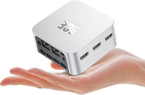 Marke ACEMAGICIAN lüfterloser Mini-PC mit Alder Lake N100 (bis zu 3,4 GHz) und 16GB LPDDR5, 512GB SSD, Dual Ethernet und Triple HDMI. Ideal für Büro- und Netzwerkmanagement