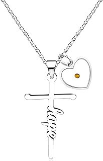 Uloveido Stainless Steel Initial Faith Cross Necklace with Lobster Clasp, Cable Chain, and Resin Gem Heart - Christian Jewelry Y1378