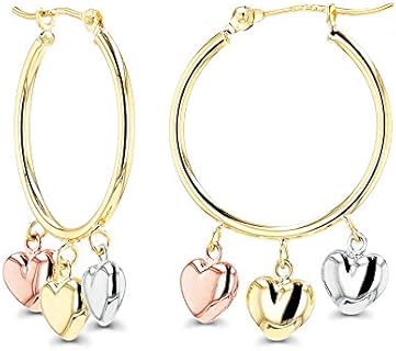Solid 14K Gold Polished Heart Shaped Dangling hoop Earrings For Women