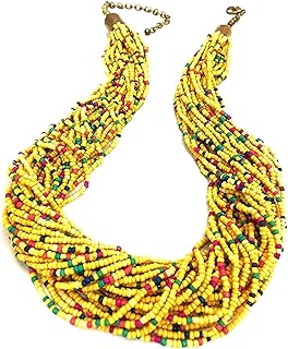 Bohemian Multi-Strand Beaded Necklace with Yellow Gold Cable Chain for Women and Girls: Handmade Statement Piece