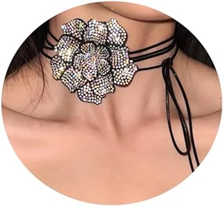 Women's Luxury Rhinestone Rose Flower Necklace with Adjustable Black Leather Rope and Alloy Singapore Chain