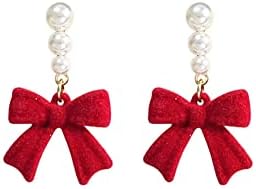 Chic Black Pearl French Wire Dangle Earrings with Red Velvet Bow Design - Ideal Gift for Her