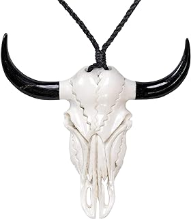 Women's Men's Hand Carved Bone Large Horn Buffalo Skull Carcass Pendant Necklace