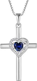 Heart-Shaped Created Sapphire Cross Pendant in 925 Sterling Silver Box Chain Necklace for Women - Elegant Faith-Inspired Design