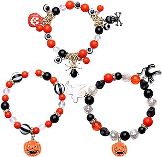 Stackable Halloween Stretch Bracelet for Women with Spooky Bat, Pumpkin, Spider Charms and Ghost Beads on Cord and Bead Chain - Durable Glass, Metal, Alloy Material