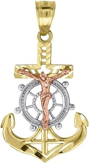 10k Gold Tri color Unisex Nautical Ship Mariner Anchor Cross Crucifix Height 29.8mm X Width 16.3mm Religious Charm Pendant Necklace Jewelry for Women