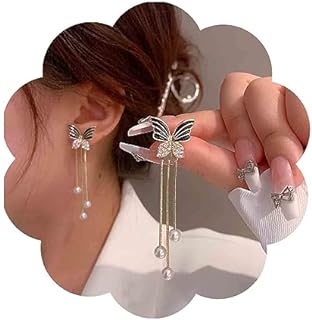 Vintage Pearl Tassel Drop Earrings Acrylic Butterfly Ear Jacket Earrings Gold Pearl Dangle Earrings Crystal Butterfly Stud Earrings Metal Sleek Chain Earrings Jewelry for Women and Girls