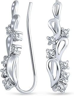 Elegant Rhodium-Plated Silver Leaf Swirl Spike Earring Cuff with Cubic Zirconia for Women and Teens, Climber Ear-Wire Design