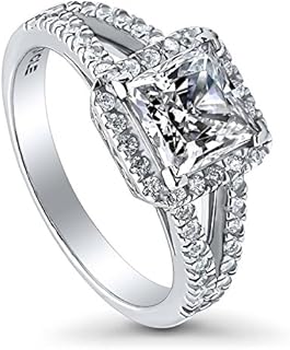 BERRICLE Sterling Silver Halo Wedding Engagement Rings Princess Cut Cubic Zirconia CZ Promise Split Shank Ring for Women, Rhodium Plated Size 4-10