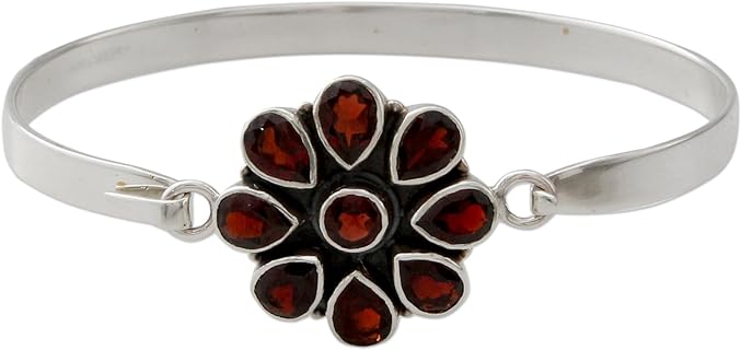 NOVICA Handmade .925 Sterling Silver Garnet Bangle Bracelet Floral Red India Fiesta Gemstone Birthstone 'Garnet Floral'