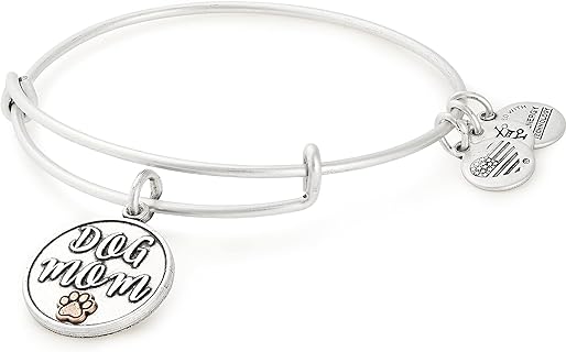 Adjustable 'Dog Mom' Charm Wire Bangle Bracelet by Alex and Ani for Women, Iconic Rafaelian Finish, 2 to 3.5" Size Range, Slide Clasp Type, Perfect Gift for Animal Lovers