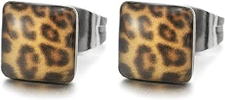 7MM Square Leopard Print Stud Earrings Made of Stainless Steel and Synthetic Resin for Women with Push Back Design