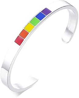 Lobster Claw Clasp Titanium Cuff Bracelet for LGBTQ community, Alluring Rainbow Flag Pattern Design
