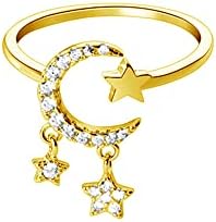 Dangle Star Crescent Moon Open Statement Rings 925 Sterling Silver Dainty Cubic Zirconia Crystal Dangling Charm Cute Star Eternity Promise Engagement Ring Tail Finger Band Wedding Bands Expandable Fashion Jewelry Gifts for Women Girls