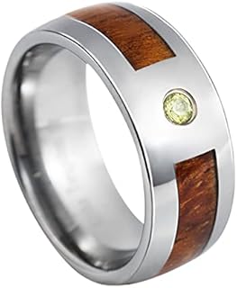 Handcrafted 8mm Hawaiian Koa Wood Wedding Ring With Green Peridot Gemstone - Tungsten Carbide Band For Men & Women - Dome Style Design, Size 6