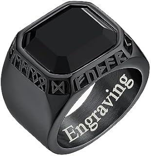 Men's Stainless Steel FaithHeart Rune Wedding Rings with Black Onyx- Round/Square Design Sizes 7-14
