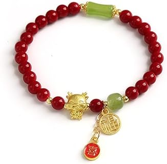 Fuqimanman2020 2024 Chinese Zodiac Year of The Dragon Red Beads Stretch Bracelets Feng Shui Dragon Pendant Wrap Elastic Bracelet with Tassel for Women Men Spring Festival New Year Jewelry Gift
