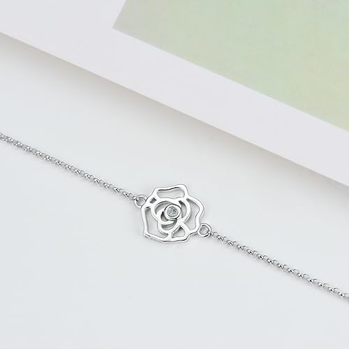 Flower Ankle Bracelet for Women, 925 Sterling Silver Crystal Adjustable Anklet