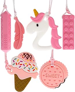 ELEFIS BPA-Free Silicone Teething Bead Necklace for Sensory Girls in Pink, Chewy Pendant Set for Autism, ADHD, Therapy Toys – 6 Pack, Various Shapes