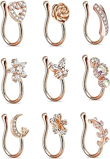 9 Piece Set of Non-Piercing Fake Nose Rings for Women and Girls crafted from Allergy-Free Copper in Various Heart, Flower, Leaf & Moon Star Shapes