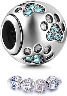 ENJOOOY Sterling Silver Dog Paw Print Charm Beads with Cubic Zirconia Crystals fit Pandora Style Beaded Bracelets for Pet Lovers