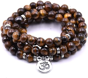 Lotus, OM, Buddha, Tree of Life, Evil Eye, Moon Charm 108 Mala Beads Brown Tiger's Eye Meditation Bracelet Necklace