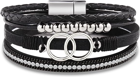 Btysun Women's Boho-Inspired Stainless Steel & Leather Beaded Bracelet with Magnetic Clasp and Bead Chain Design