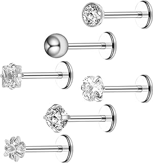 6Pcs Stainless Steel Internally Threaded CZ Nose Studs Rhinestone Lip Rings Cartilage Earring Piercing Jewelry for Nose/Tragus/Conch/Helix/Cartilage/Lip for Women Men (8mm)