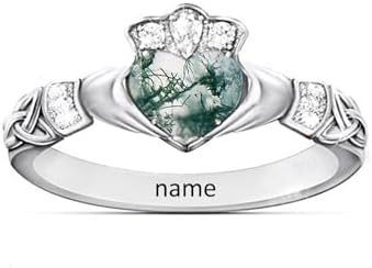 925 Sterling Silver Heart-Shaped Moss Agate Claddagh Ring, Women's Irish Celtic Knot Wedding Jewelry Gift