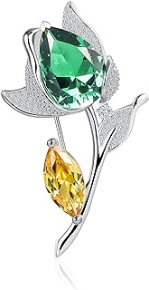 925 Sterling Silver Cubic Zirconia Flower Brooch with Pin Clasp for Women - Cowlyn Synthentic Green Gem and Yellow Leaves Design Bridal, Wedding, and Special Occasion Jewelry