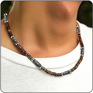 Men's Wood Bead Necklace,Summer Beach Surfer Necklace for Men Boys,Natural Stone Beaded Wood Choker Healing Crystal Stone Chakra Necklace