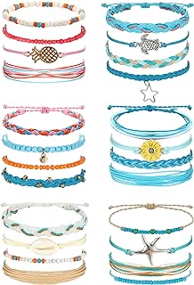 LOLIAS 24 Pieces Waterproof String Bracelets for Women Surfer Wave Boho Bracelet Adjustable Handmade Friendship Bracelet String Ocean Beach Boho Bracelets Anklets for Women