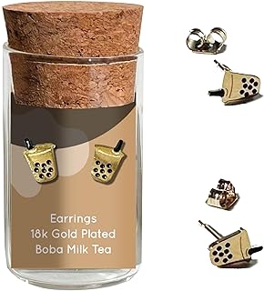 18k Yellow Gold Plated Food Lovers' Stud Earrings - Boba Milk Tea Design - Hypoallergenic & Rust-Free, Eco-Friendly Packaging, Perfect Gift for Culinary Enthusiasts