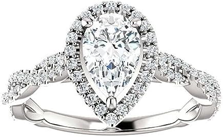 "Clasp Type" White Gold 3 CT Pear Cut Moissanite Halo Engagement Ring by Lalit Gems for Women, Eco-Friendly Diamond Alternative, Size 4