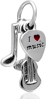 925 Sterling Silver Music Note, Guitar, 'I Love Music' Charm Bracelet with Red Enamel Heart Bead for Pandora Lovers, 2.3 Inches Chain Length