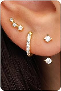 Dainty 14K Gold-Plated Brass Earrings Set for Women - Stud, Drop Dangle, Climber Jacket & Huggie Hoop Design with Push-Back Finding & Cubic Zirconia Gems (3 Pairs)