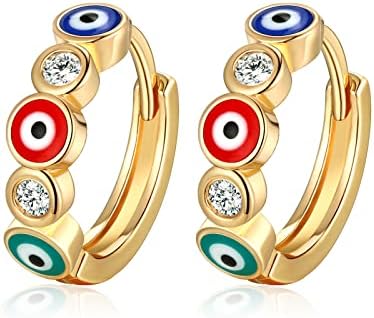 Gold Plated Cubic Zirconia Embellished Evil Eye Hoop Earrings for Women with Hinged Hoop Back Finding, Spiritual Protection Jewelry Design