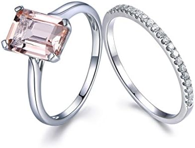 7x9mm Emerald Cut Peach Pink Morganite Wedding Ring Set,Plain Band 14k White Gold,Diamond Promise Bands