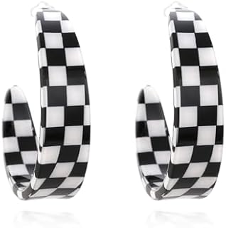 Chic 80s Black and White Checkerboard Hoop Earrings with La Pousette Backing, Hypoallergenic Acrylic and Zinc for Women and Teens